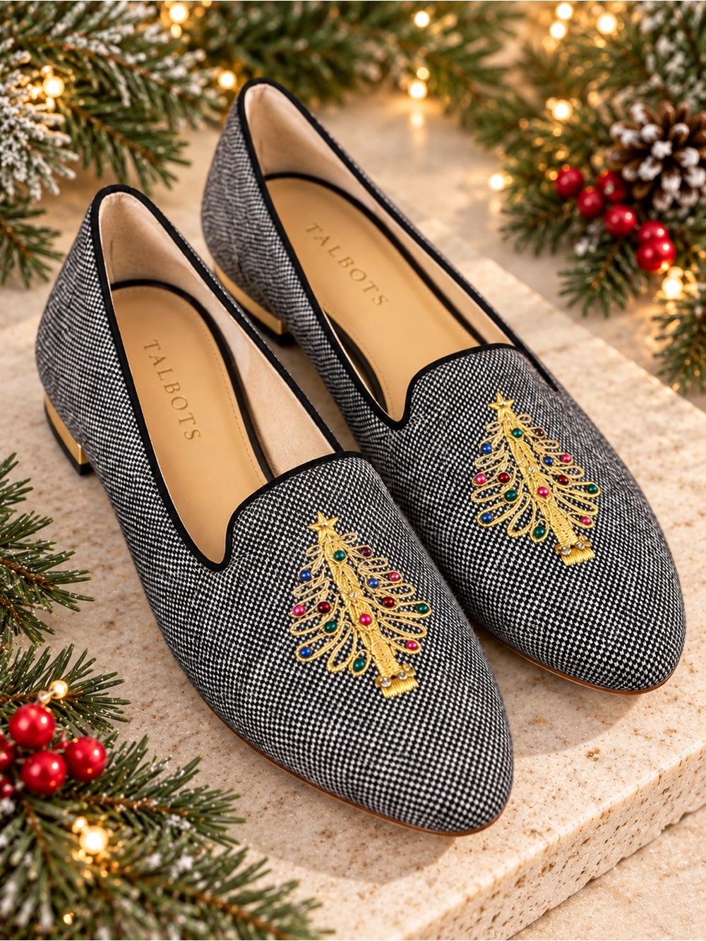 Talbots Ryan Christmas Tree Smoking Loafers Gray Holiday Shoes 8.5 old money #66